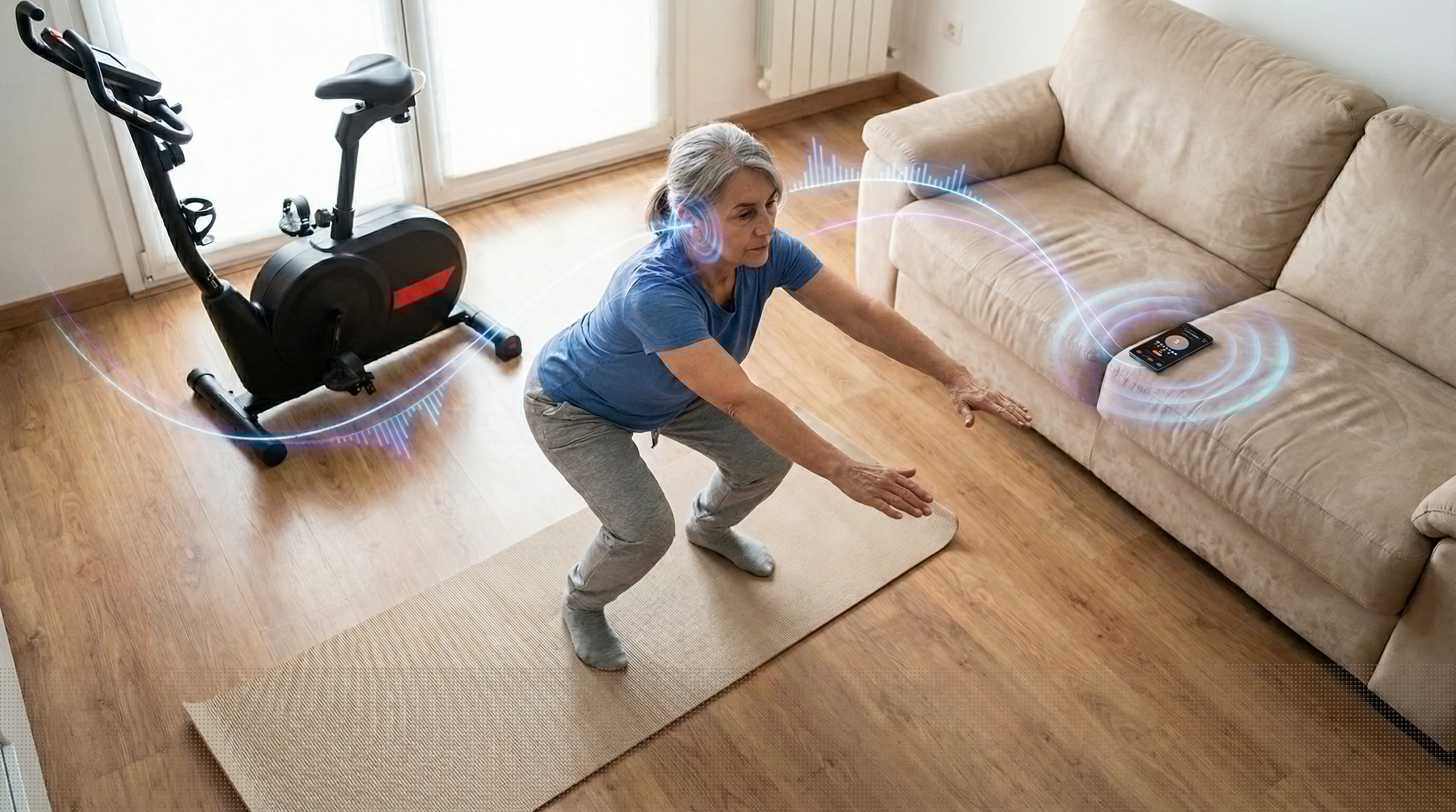 Woman doing squat exercise with voice guidance